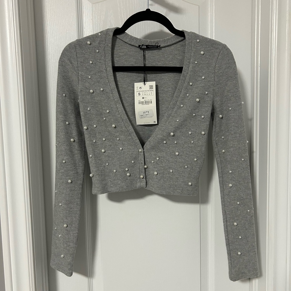 Zara Gray Cardigan with Pearl Details